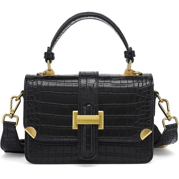Women Black Vegan Leather Small Classy Crossbody Purse Top Handle Hand Bags